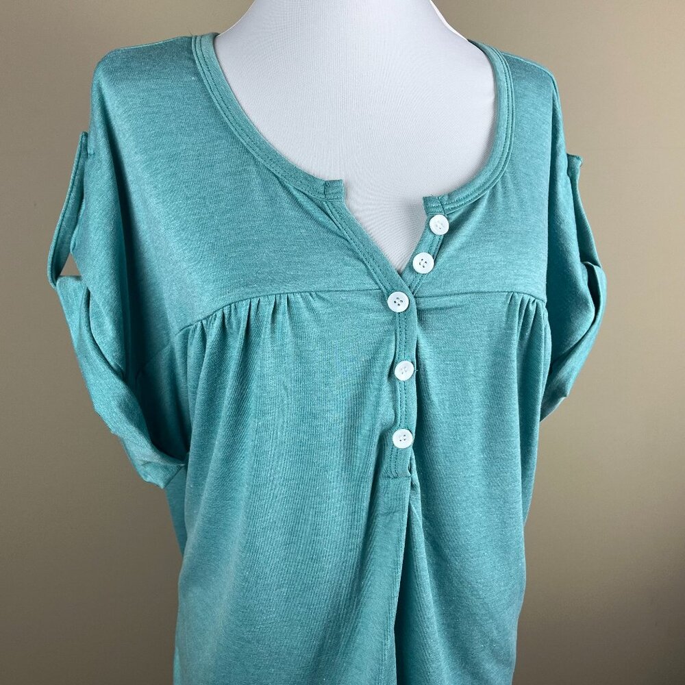 Elizabeth Kelly NWT Short Sleeve Blouse Plus Size 2XL Green, V-neck